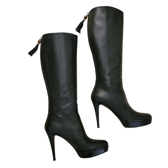 Gucci Vintage Black Leather Charlotte Knee High Bamboo Riding Boots 7.5 37.5 - Picture 1 of 12